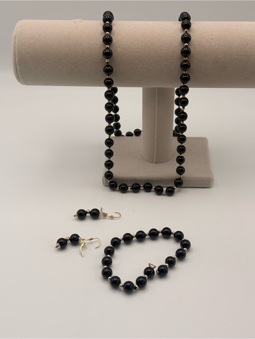 Vintage 14K Gold Black Onyx 3pc Necklace Bracelet Earrings Set 65g
